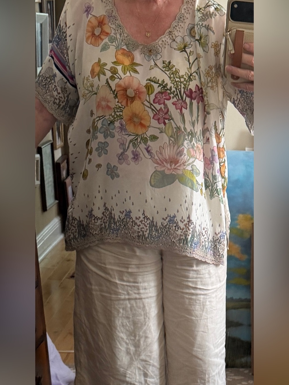 100% Silk Johnny Was Cream Silk Floral Lace-Trim Tunic with Multicolor Blooms